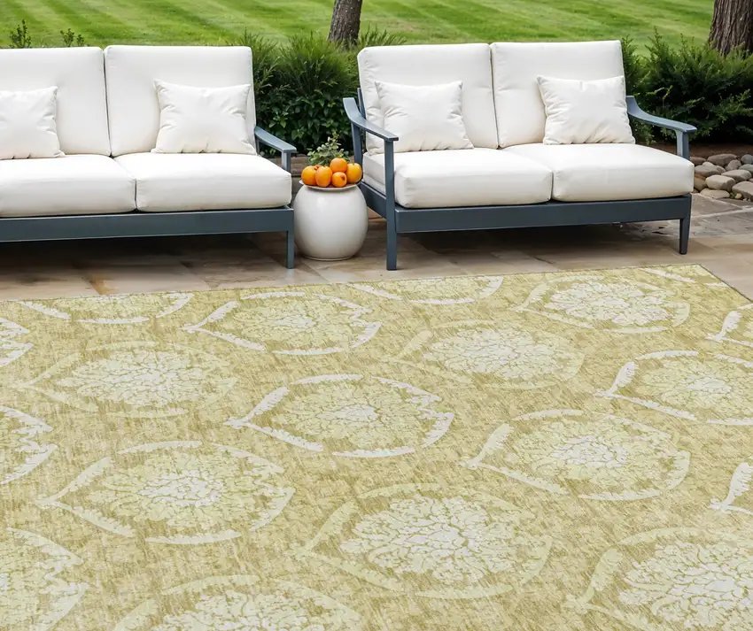 Gold Wheat And Ivory Medallion Washable Indoor Outdoor Area Rug Photo 1