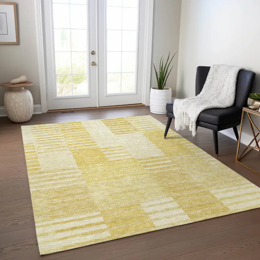 Gold Wheat And Ivory Striped Washable Indoor Outdoor Area Rug Photo 8