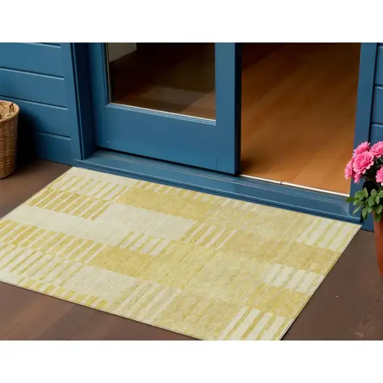 Gold Wheat And Ivory Striped Washable Indoor Outdoor Area Rug Photo 1