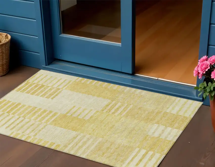 Gold Wheat And Ivory Striped Washable Indoor Outdoor Area Rug Photo 1