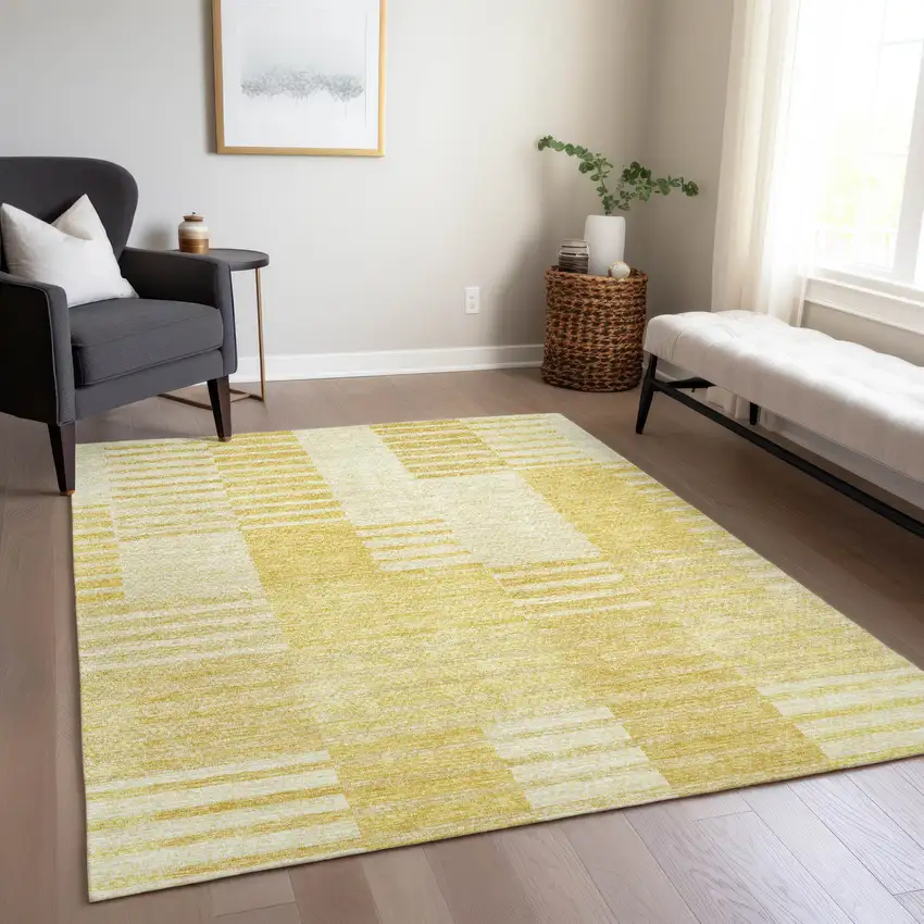 Gold Wheat And Ivory Striped Washable Indoor Outdoor Area Rug Photo 9