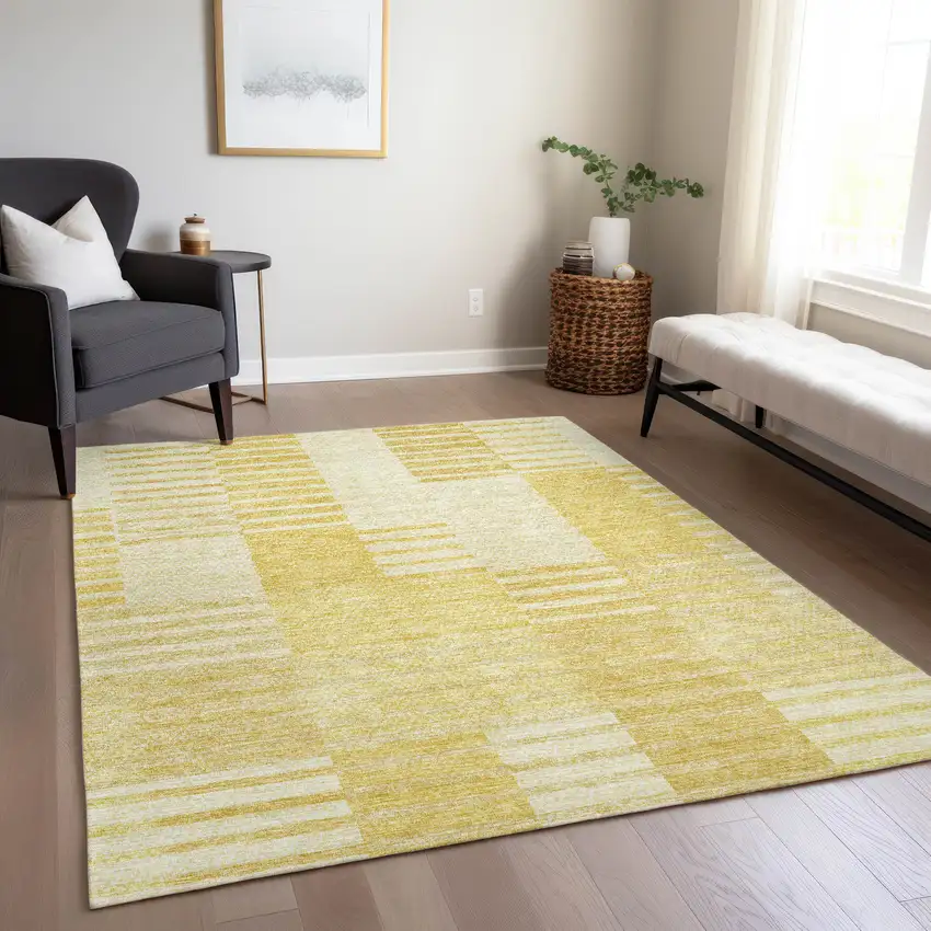 Gold Wheat And Ivory Striped Washable Indoor Outdoor Area Rug Photo 9
