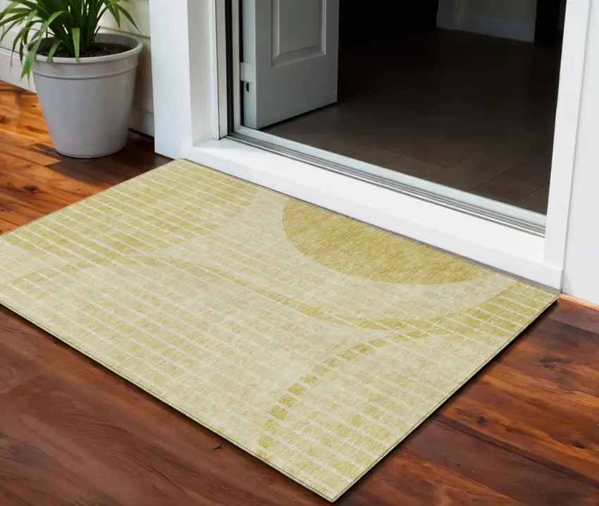 Gold Wheat And Ivory Striped Washable Indoor Outdoor Area Rug Photo 1