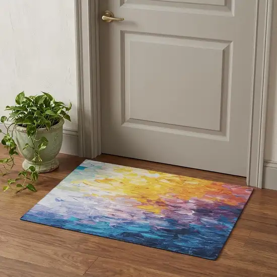 Gold Yellow And Teal Abstract Washable Area Rug With UV Protection Photo 1
