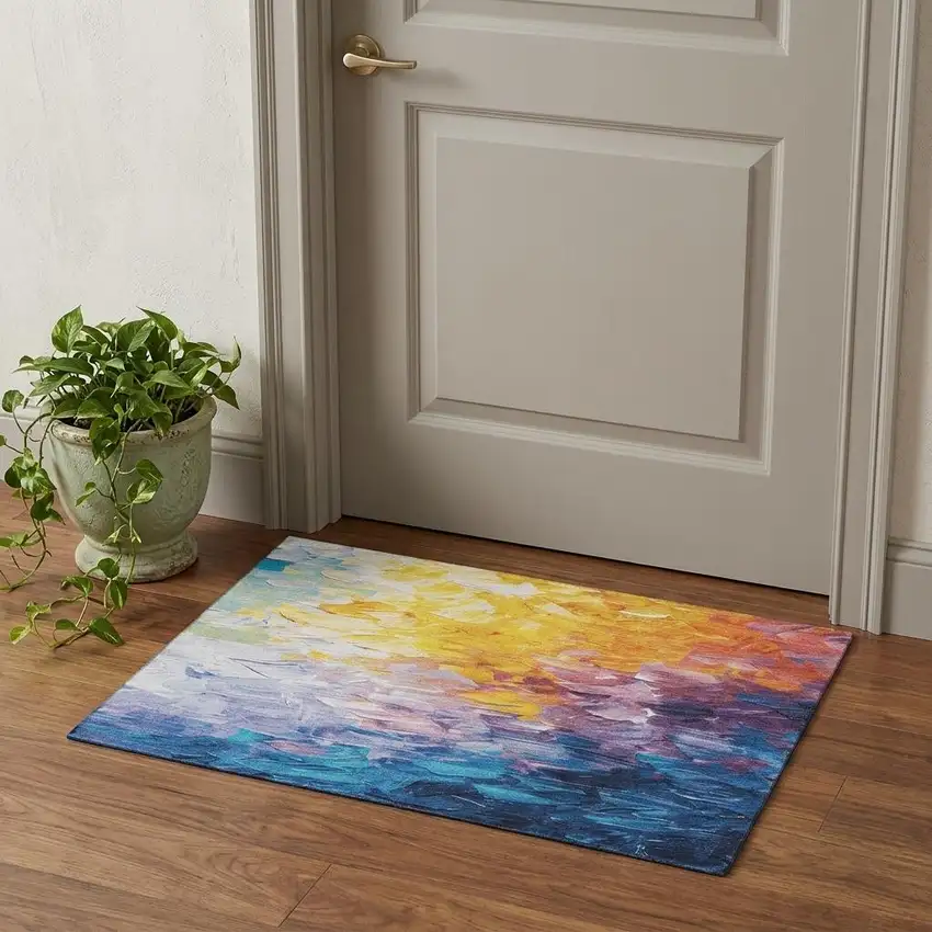 Gold Yellow And Teal Abstract Washable Area Rug With UV Protection Photo 1