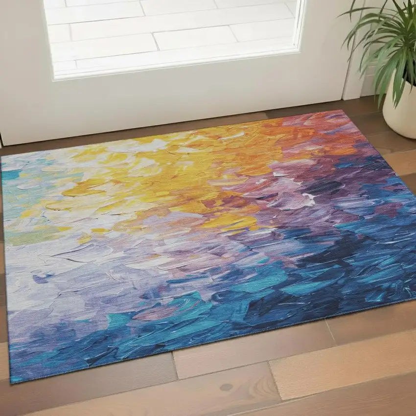 Gold Yellow And Teal Abstract Washable Area Rug With UV Protection Photo 2