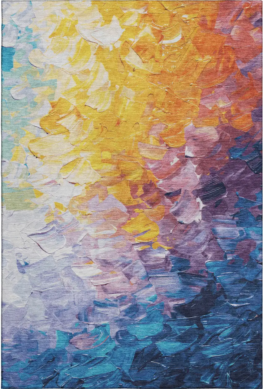 Gold Yellow And Teal Abstract Washable Area Rug With UV Protection Photo 1