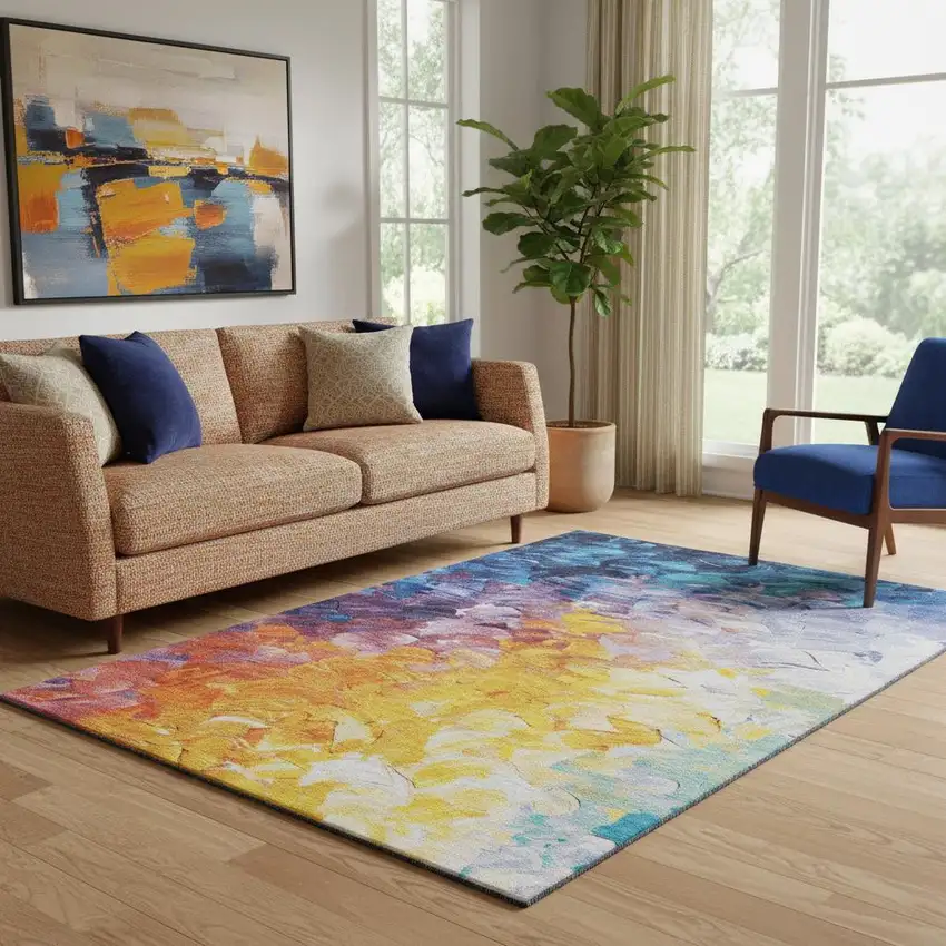 Gold Yellow And Teal Abstract Washable Area Rug With UV Protection Photo 2