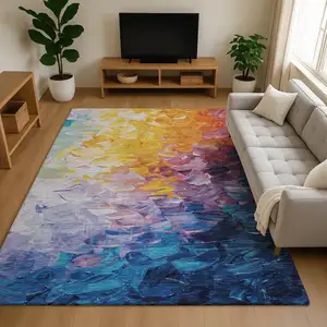 Photo of Gold Yellow And Teal Abstract Washable Area Rug With UV Protection