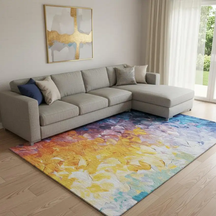 Gold Yellow And Teal Abstract Washable Area Rug With UV Protection Photo 2