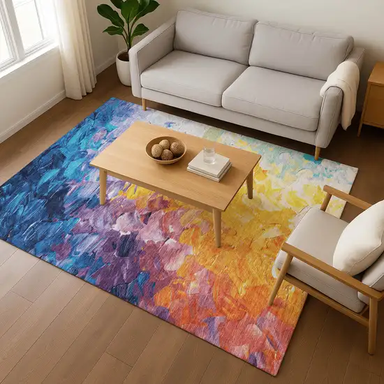 Gold Yellow And Teal Abstract Washable Area Rug With UV Protection Photo 3
