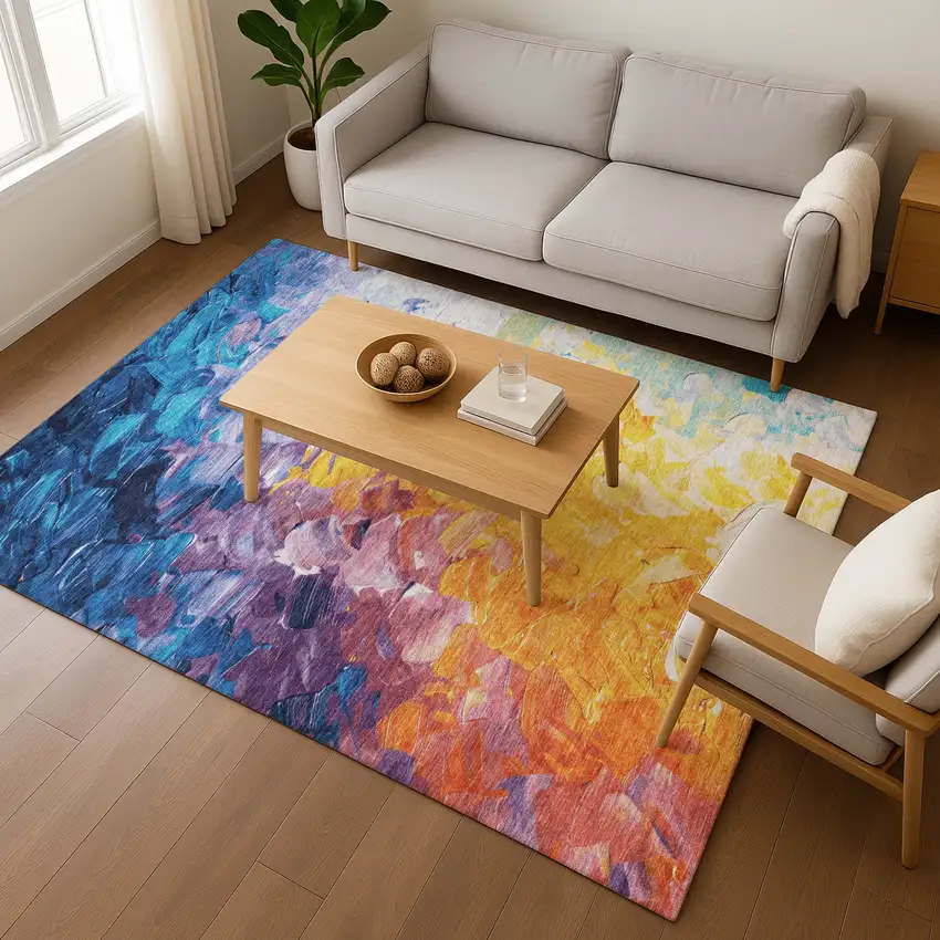 Gold Yellow And Teal Abstract Washable Area Rug With UV Protection Photo 3