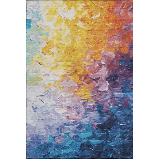 Gold Yellow And Teal Abstract Washable Area Rug With UV Protection Photo 1