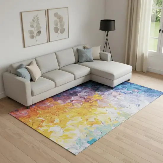 Gold Yellow And Teal Abstract Washable Area Rug With UV Protection Photo 2