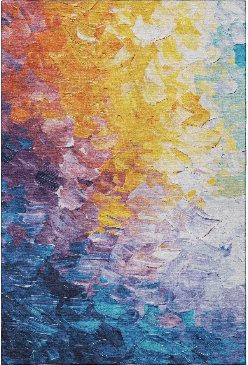 Gold Yellow And Teal Abstract Washable Area Rug With UV Protection Photo 2