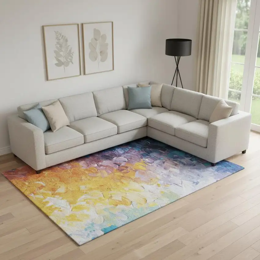 Gold Yellow And Teal Abstract Washable Area Rug With UV Protection Photo 2