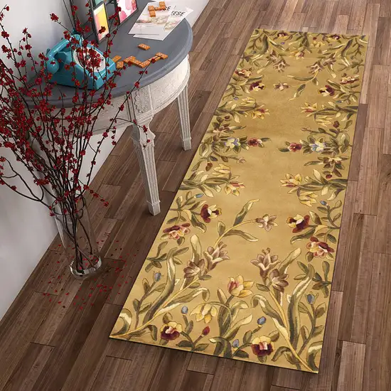 Gold Yellow Hand Tufted Bordered Floral Indoor Runner Rug Photo 4