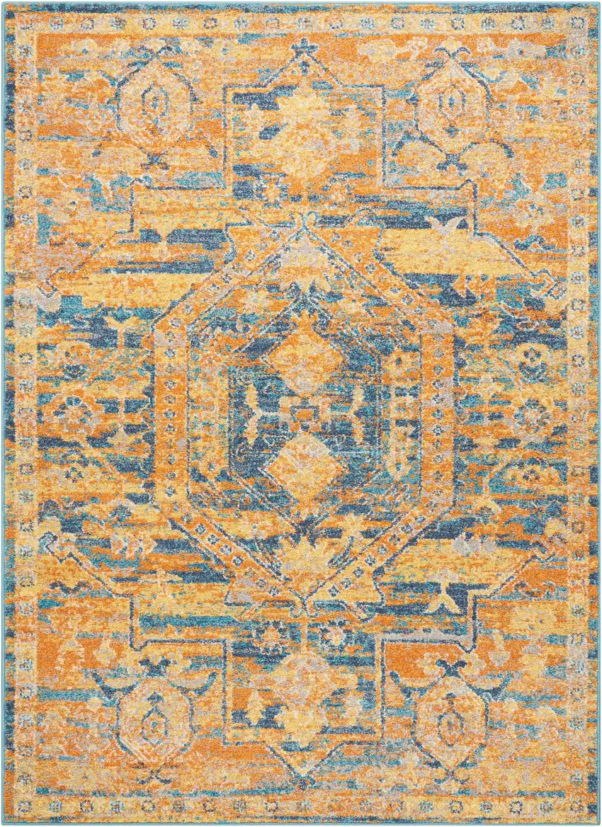Teal And Gold Medallion Distressed Area Rug Photo 1
