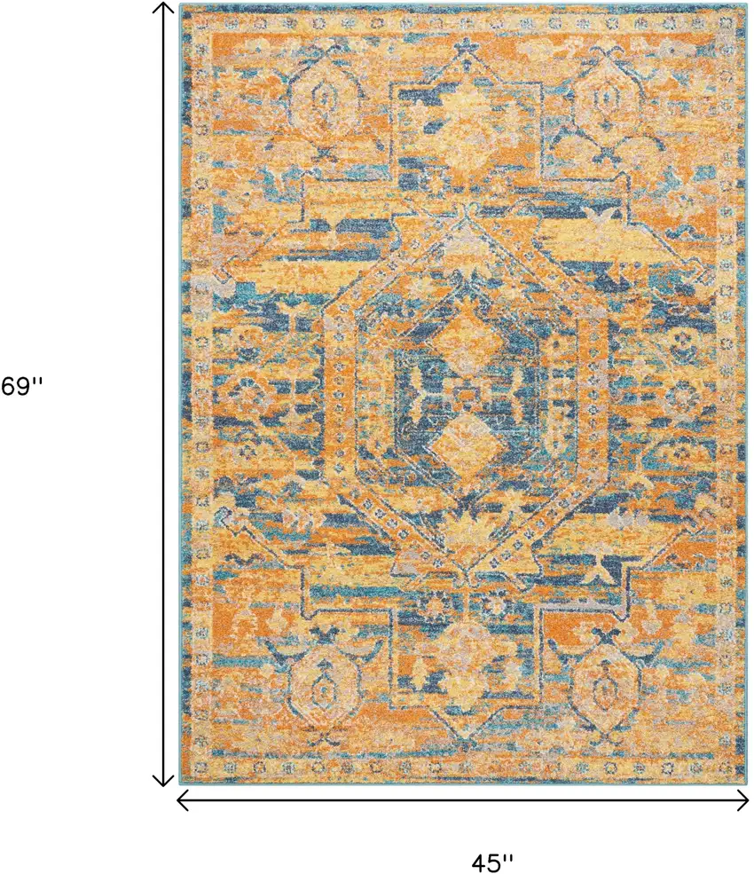 Teal And Gold Medallion Distressed Area Rug Photo 7