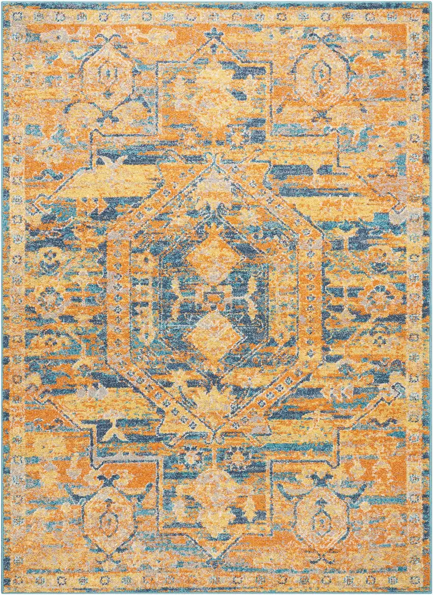 Teal And Gold Medallion Distressed Area Rug Photo 3