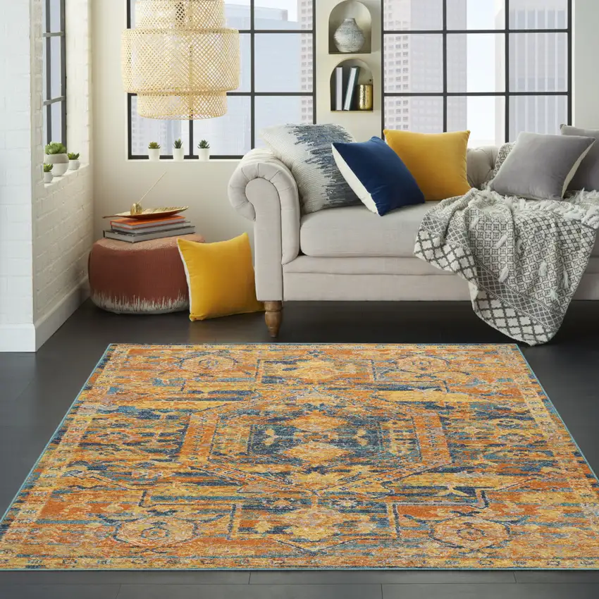 Teal And Gold Medallion Distressed Area Rug Photo 5