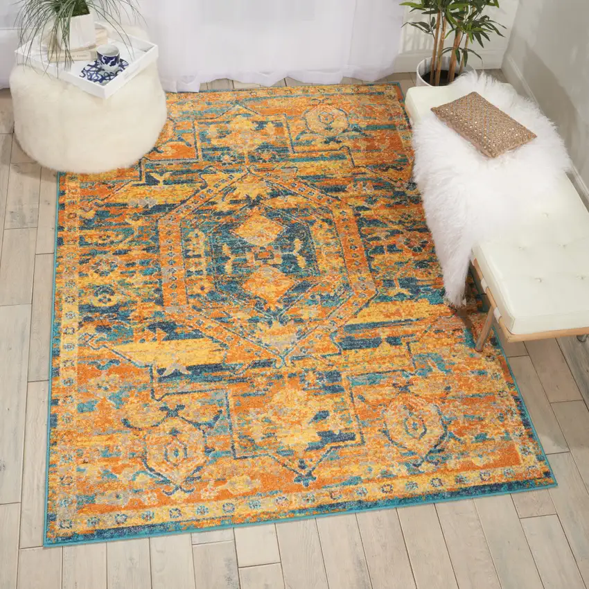 Teal And Gold Medallion Distressed Area Rug Photo 4