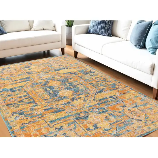 Teal And Gold Medallion Distressed Area Rug Photo 2