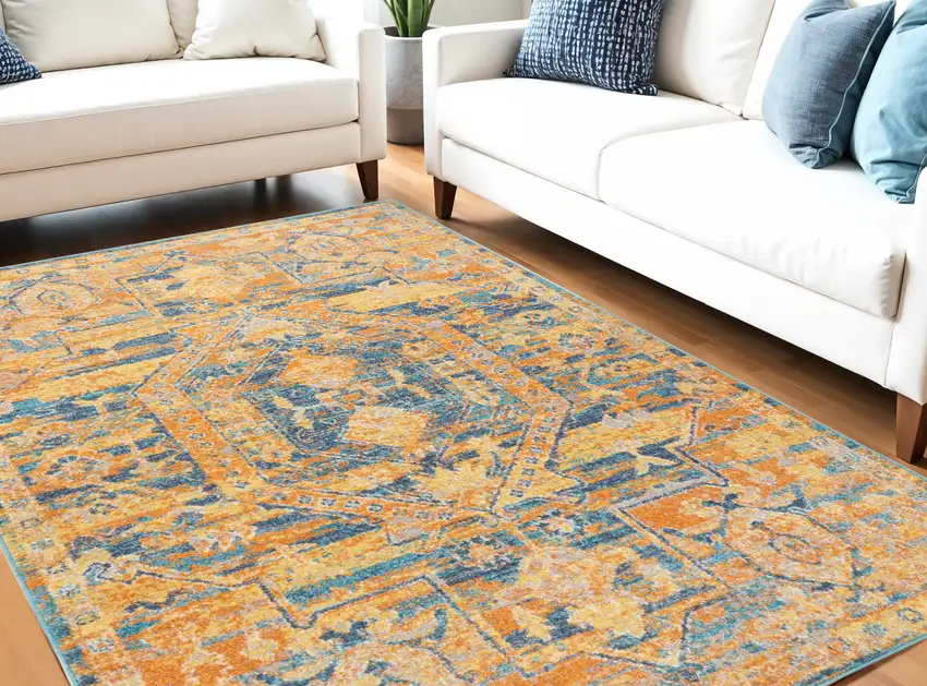 Teal And Gold Medallion Distressed Area Rug Photo 2