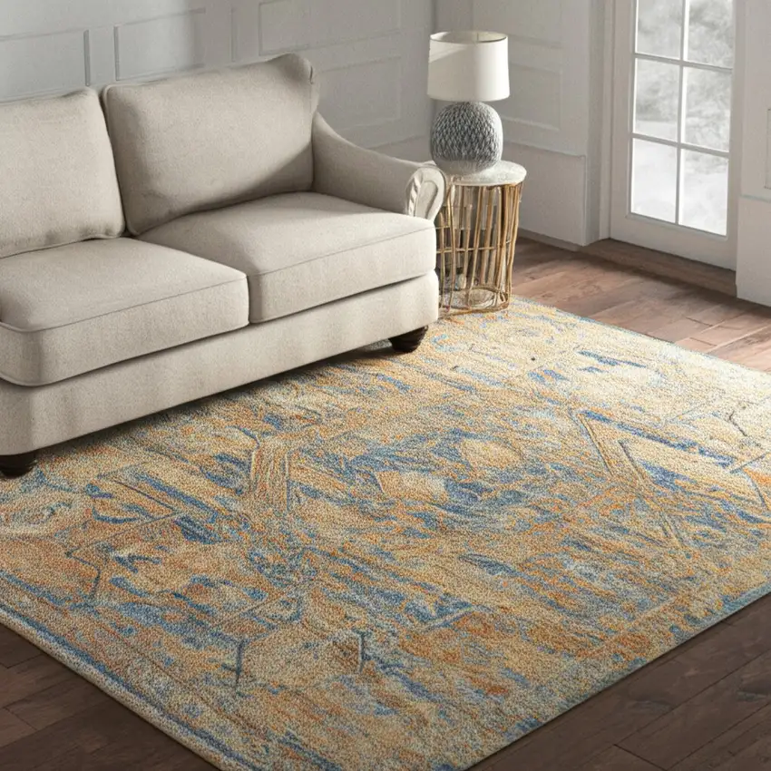 Teal And Gold Medallion Distressed Area Rug Photo 1