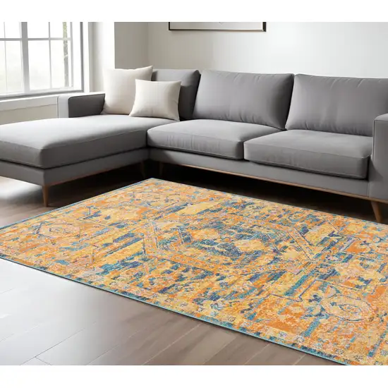 Teal And Gold Medallion Distressed Area Rug Photo 2