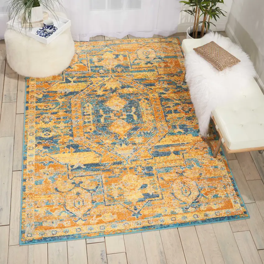 Teal And Gold Medallion Distressed Area Rug Photo 4