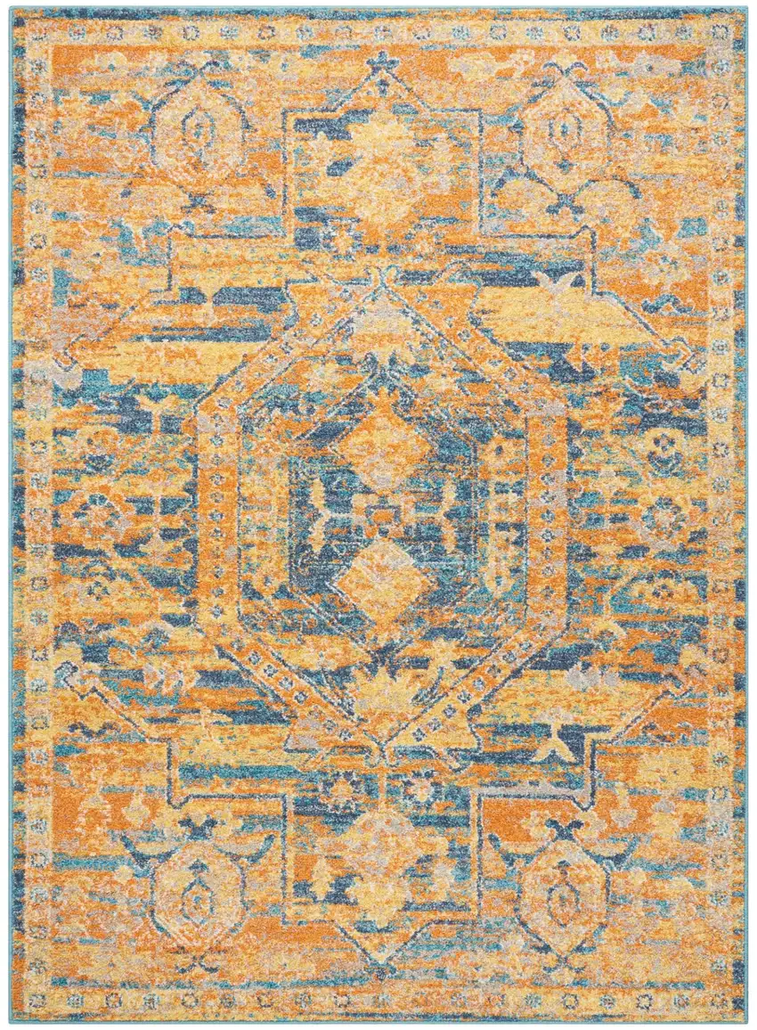 Teal And Gold Medallion Distressed Area Rug Photo 1