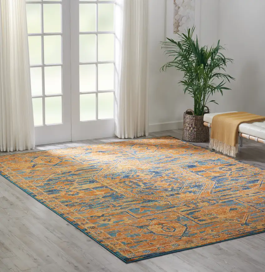 Teal And Gold Medallion Distressed Area Rug Photo 6