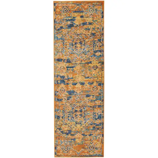 Gold and Blue Antique Runner Rug Photo 1