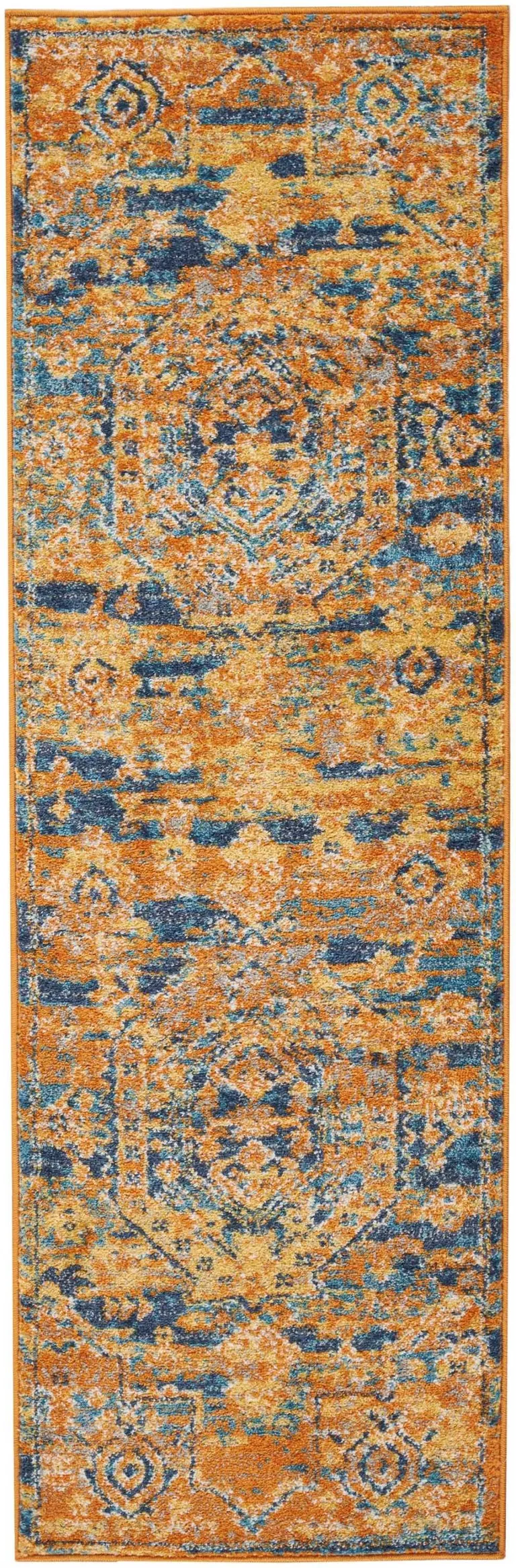 Gold and Blue Antique Runner Rug Photo 1
