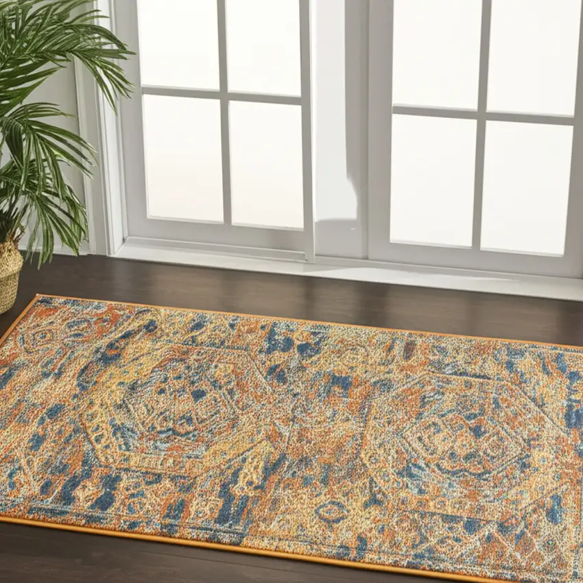 6' Teal And Gold Medallion Distressed Runner Rug Photo 2