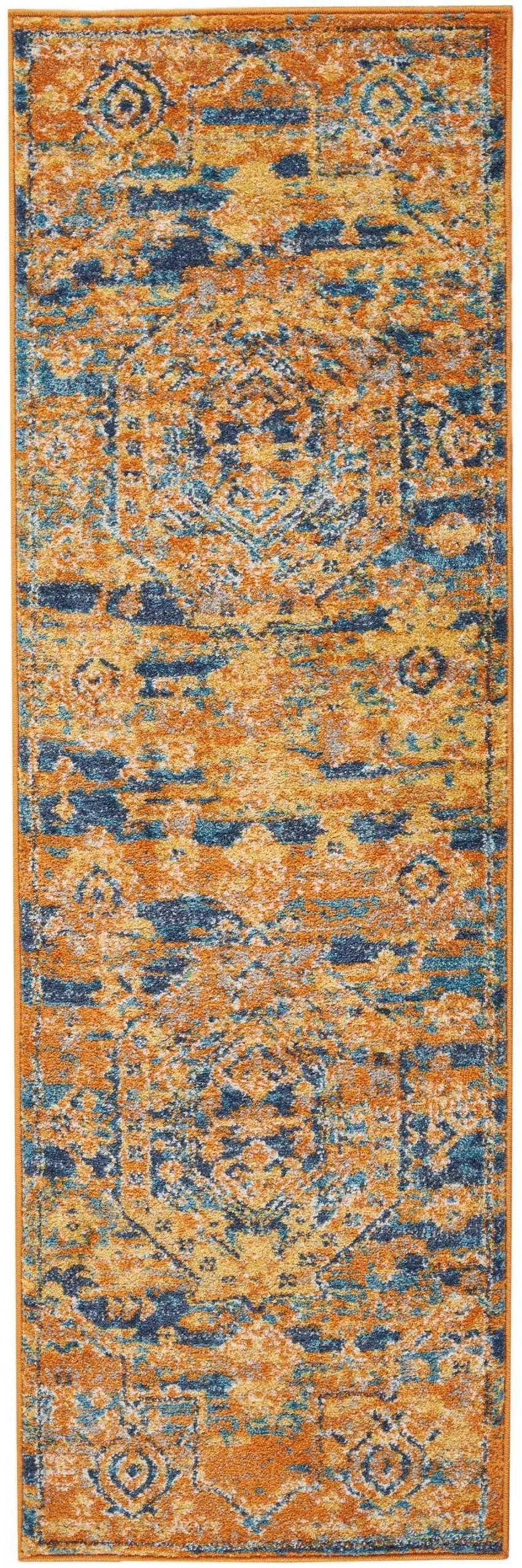 6' Teal and Gold Shag Power Loom Runner Rug Photo 1