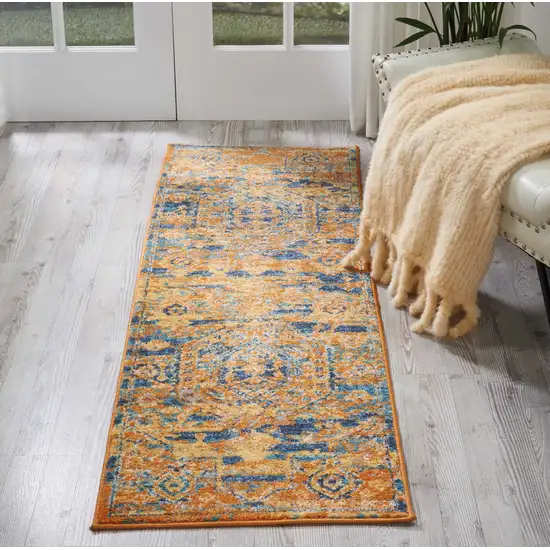 Gold and Blue Antique Runner Rug Photo 4
