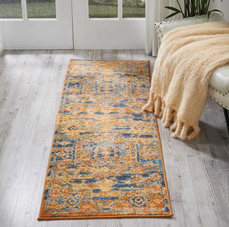 Gold and Blue Antique Runner Rug Photo 4