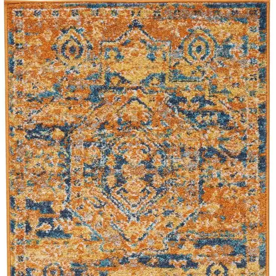 8' Teal And Gold Medallion Distressed Runner Rug Photo 6