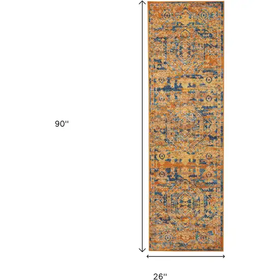 8' Teal And Gold Medallion Distressed Runner Rug Photo 8