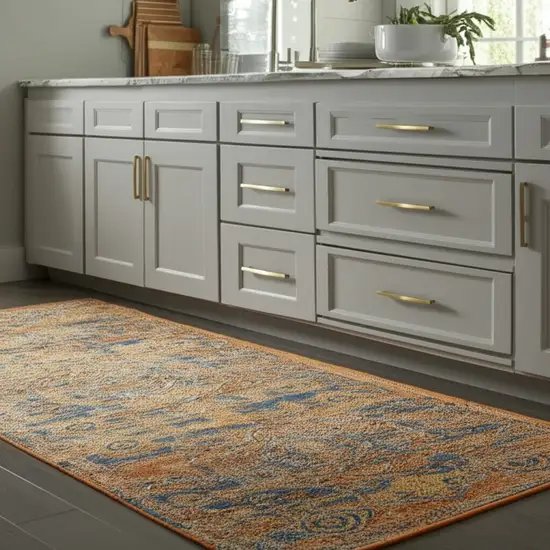 8' Teal And Gold Medallion Distressed Runner Rug Photo 1