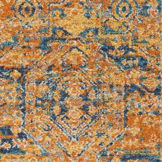 8' Teal And Gold Medallion Distressed Runner Rug Photo 5