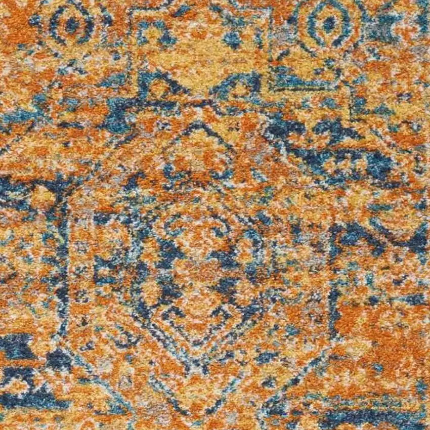 8' Teal And Gold Medallion Distressed Runner Rug Photo 5