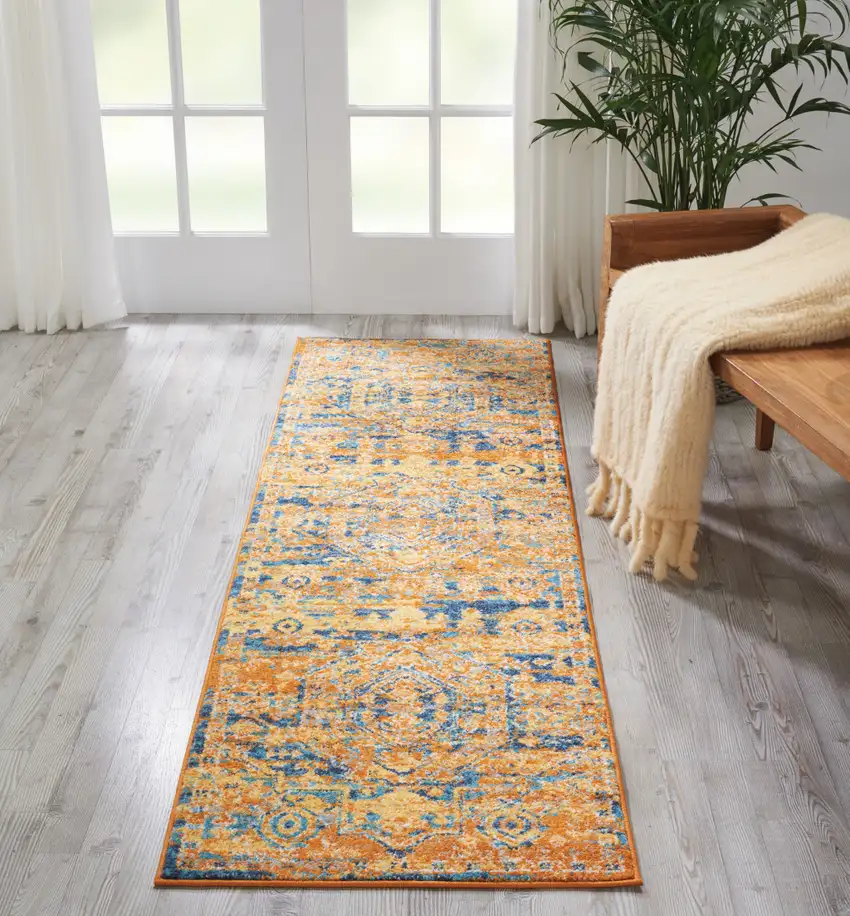 8' Teal And Gold Medallion Distressed Runner Rug Photo 6