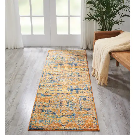 8' Teal And Gold Medallion Distressed Runner Rug Photo 6