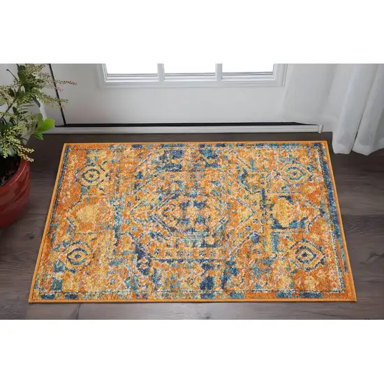 Teal And Gold Medallion Distressed Area Rug Photo 2