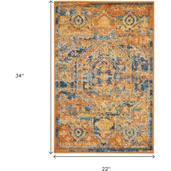 Teal And Gold Medallion Distressed Area Rug Photo 8