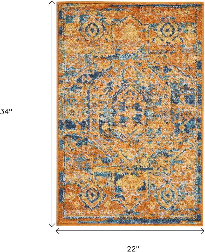 Teal And Gold Medallion Distressed Area Rug Photo 8