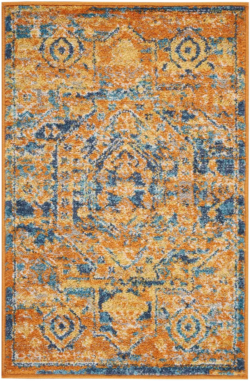 Teal And Gold Medallion Distressed Area Rug Photo 1